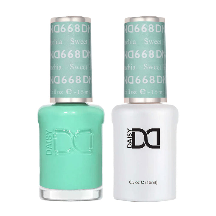 DND Duo 668 Sweet Pistachia, gel polish and matching nail lacquer bottles