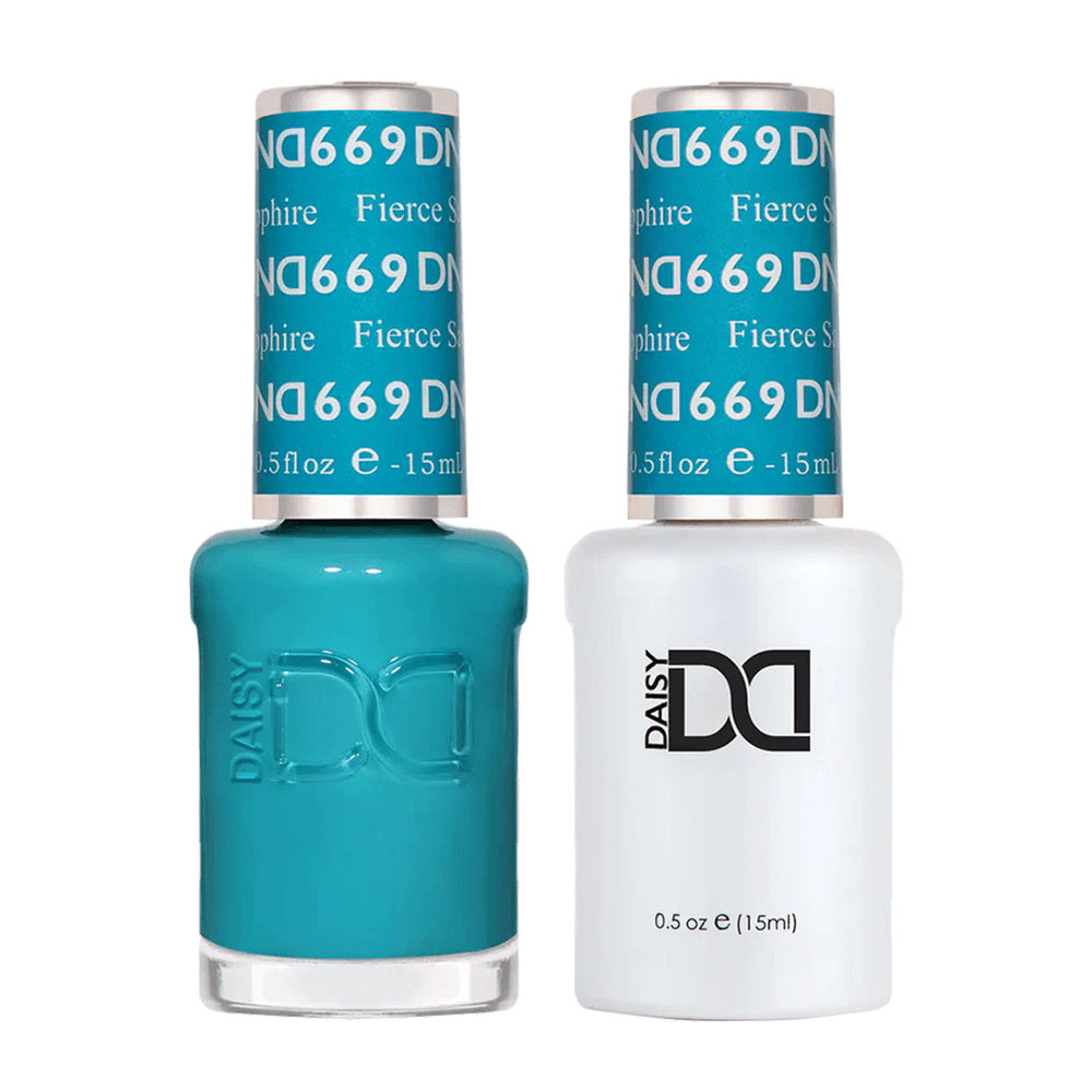 DND Duo 669 Fierce Sapphire, gel polish and matching nail lacquer bottles