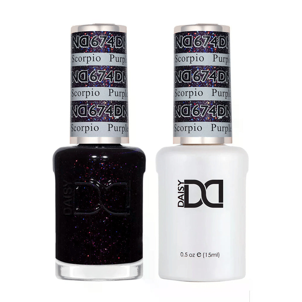 DND Duo 674 Purple Scorpio, gel polish and matching nail lacquer bottles