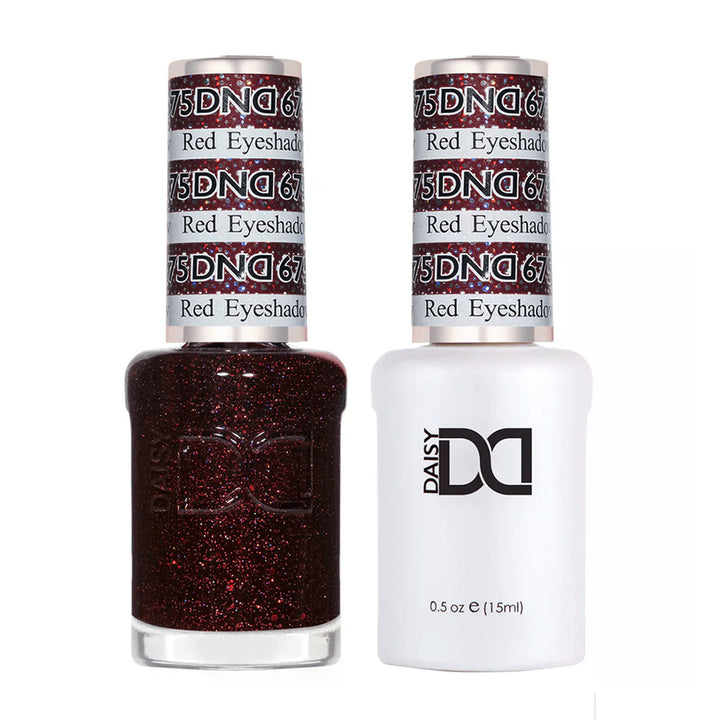 DND Duo 675 Red Eyeshadow, gel polish and matching nail lacquer bottles