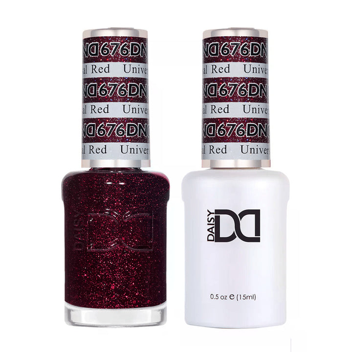 DND Duo 676 Universal Red, gel polish and matching nail lacquer bottles