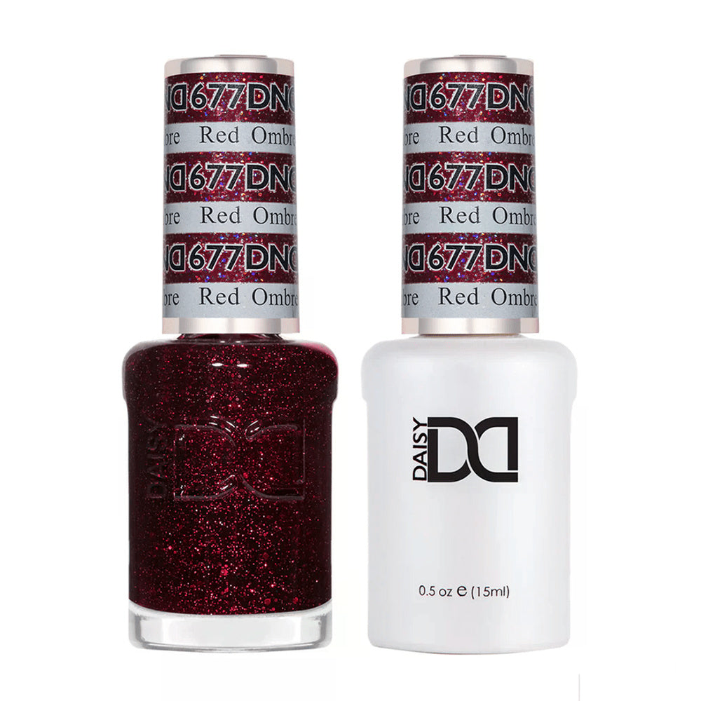 DND Duo 677 Red Ombre, gel polish and matching nail lacquer bottles