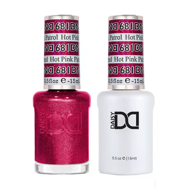 DND Duo 681 Hot Pink Patrol, gel polish and matching nail lacquer bottles