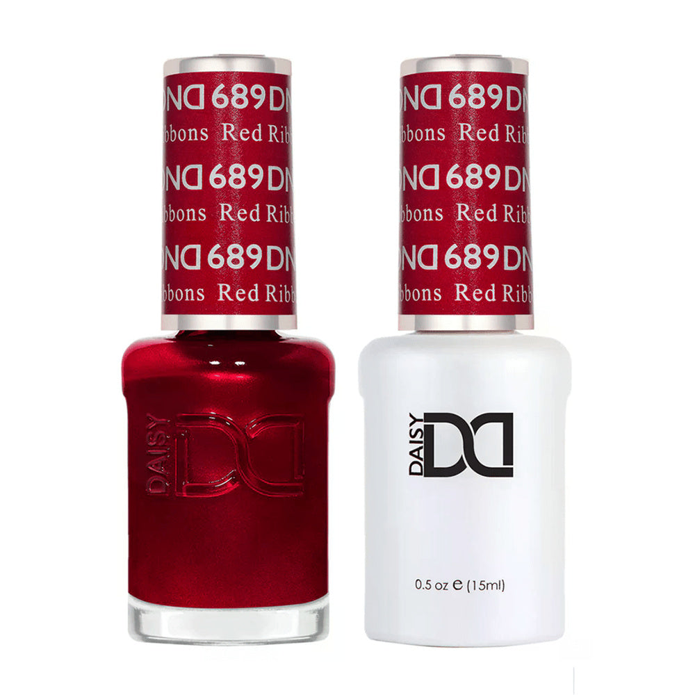 DND Duo 689 Red Ribbons, gel polish and matching nail lacquer bottles