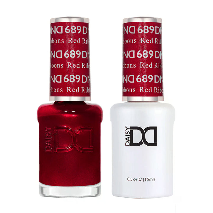 DND Duo 689 Red Ribbons, gel polish and matching nail lacquer bottles
