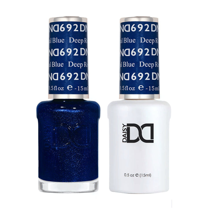 DND Duo 692 Deep Royal Blue, gel polish and matching nail lacquer bottles