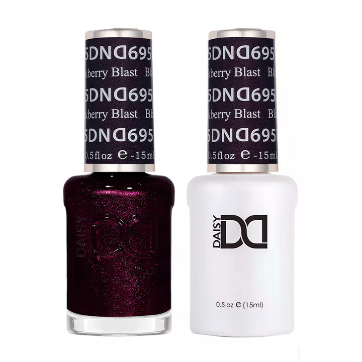 DND Duo 695 Blackberry Blast, gel polish and matching nail lacquer bottles