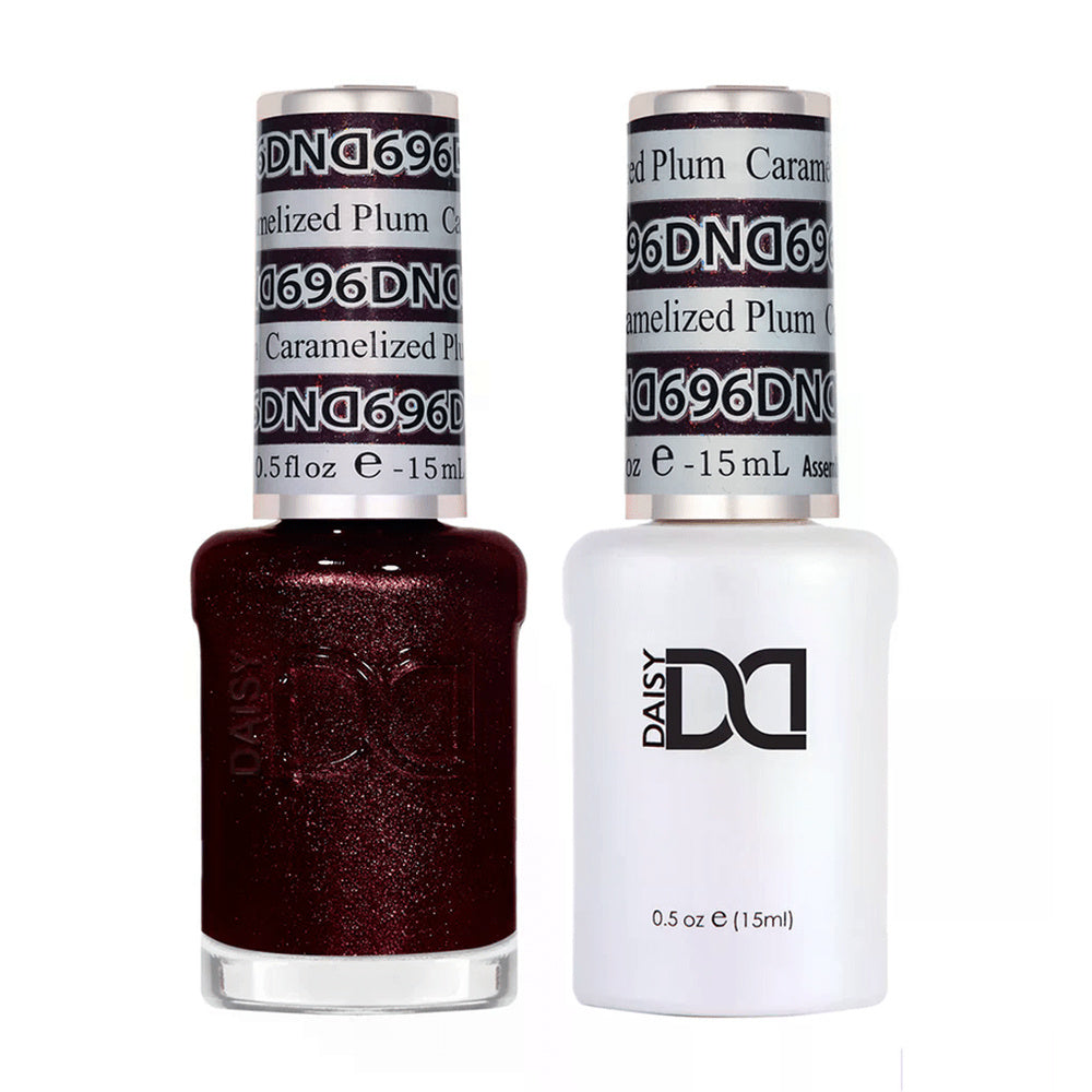 DND Duo 696 Caramelized Plum, gel polish and matching nail lacquer bottles