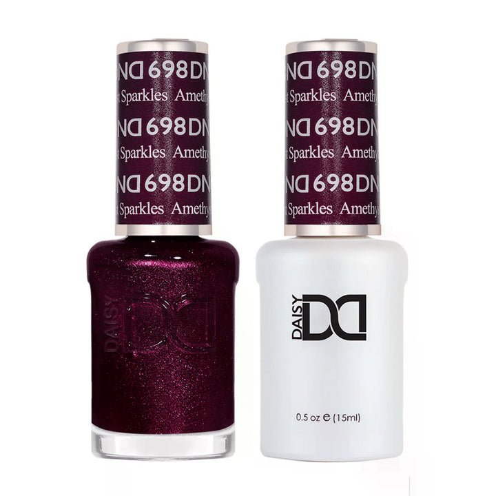 DND Duo 698 Amethyst Sparkles, gel polish and matching nail lacquer bottles