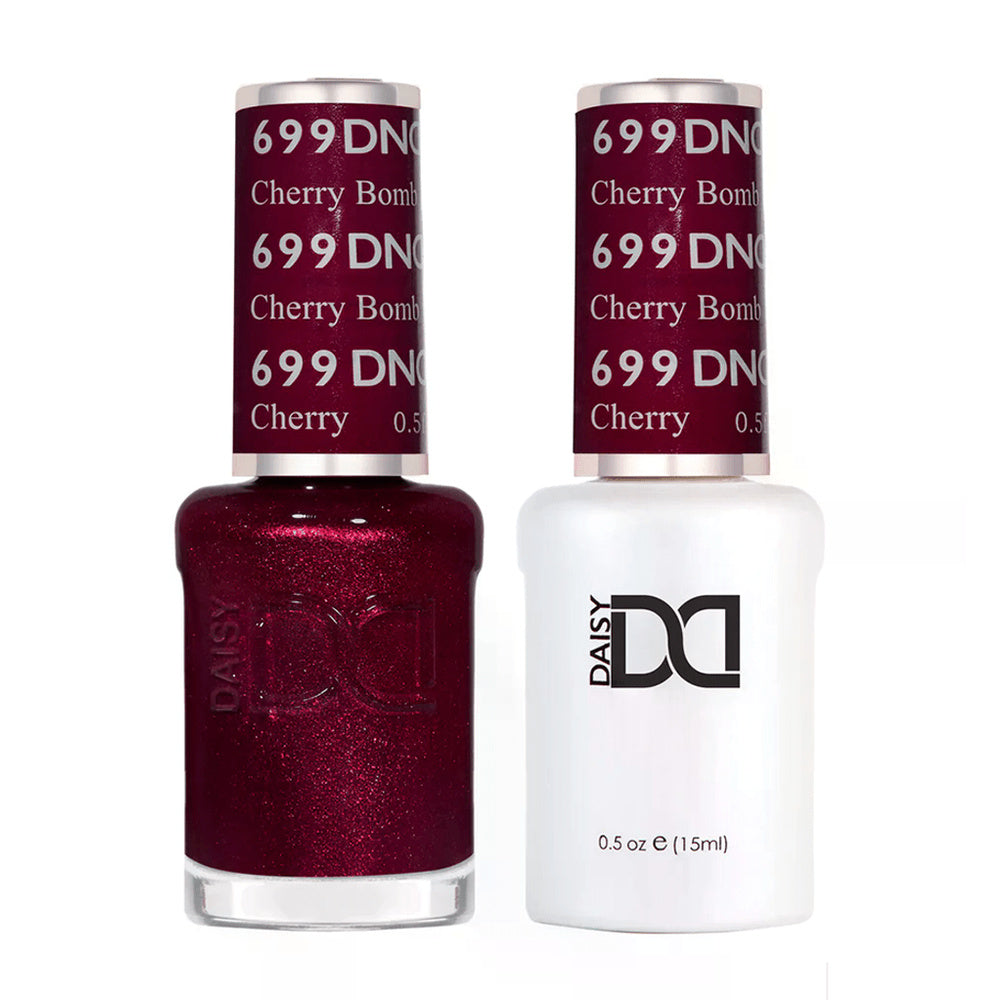 DND Duo 699 Cherry Bomb, gel polish and matching nail lacquer bottles