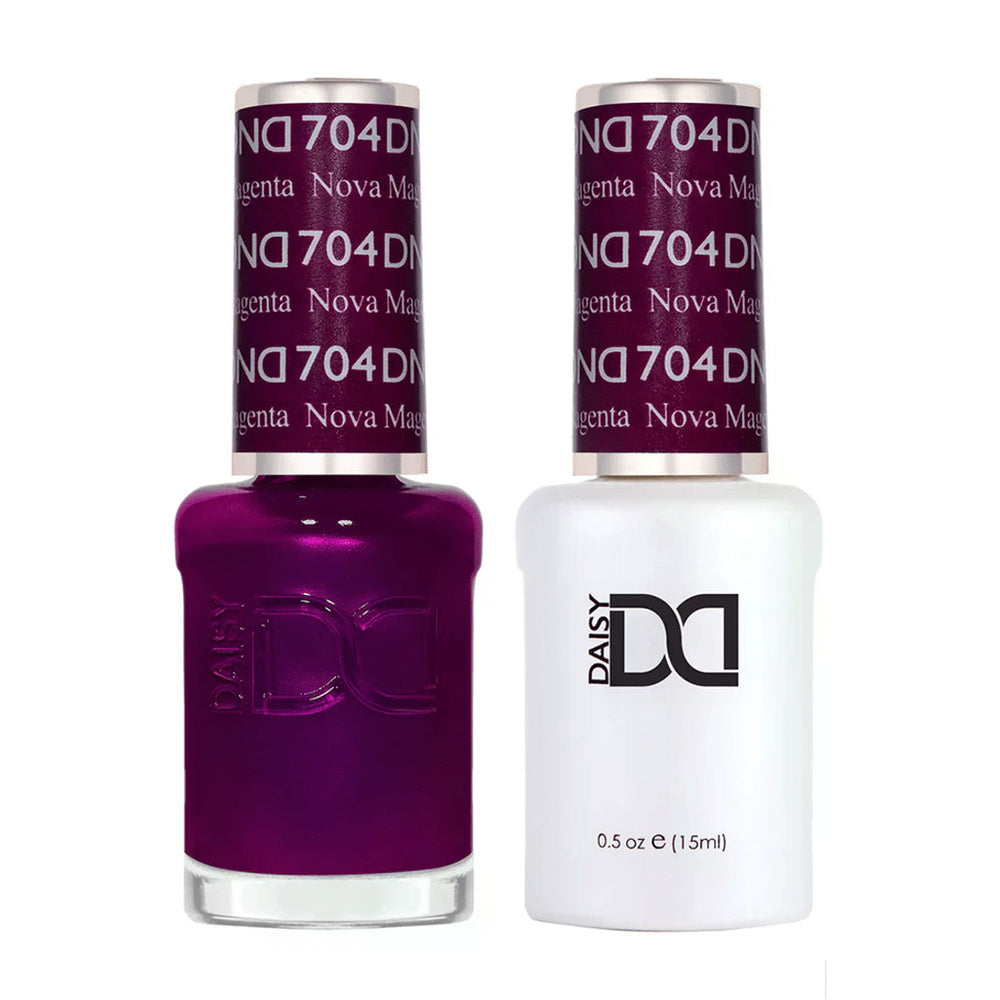DND Duo 704 Nova Magenta, gel polish and matching nail lacquer bottles