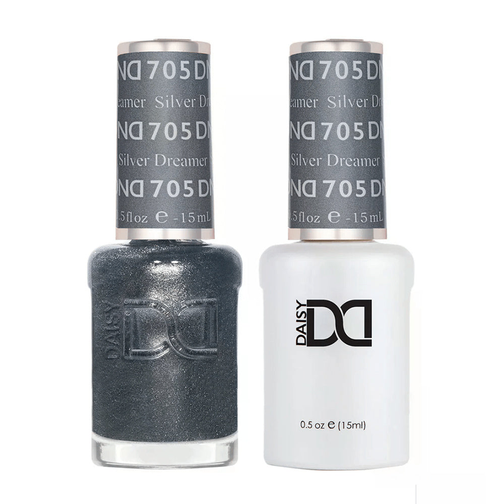 DND Duo 705 Silver Dreamer, gel polish and matching nail lacquer bottles
