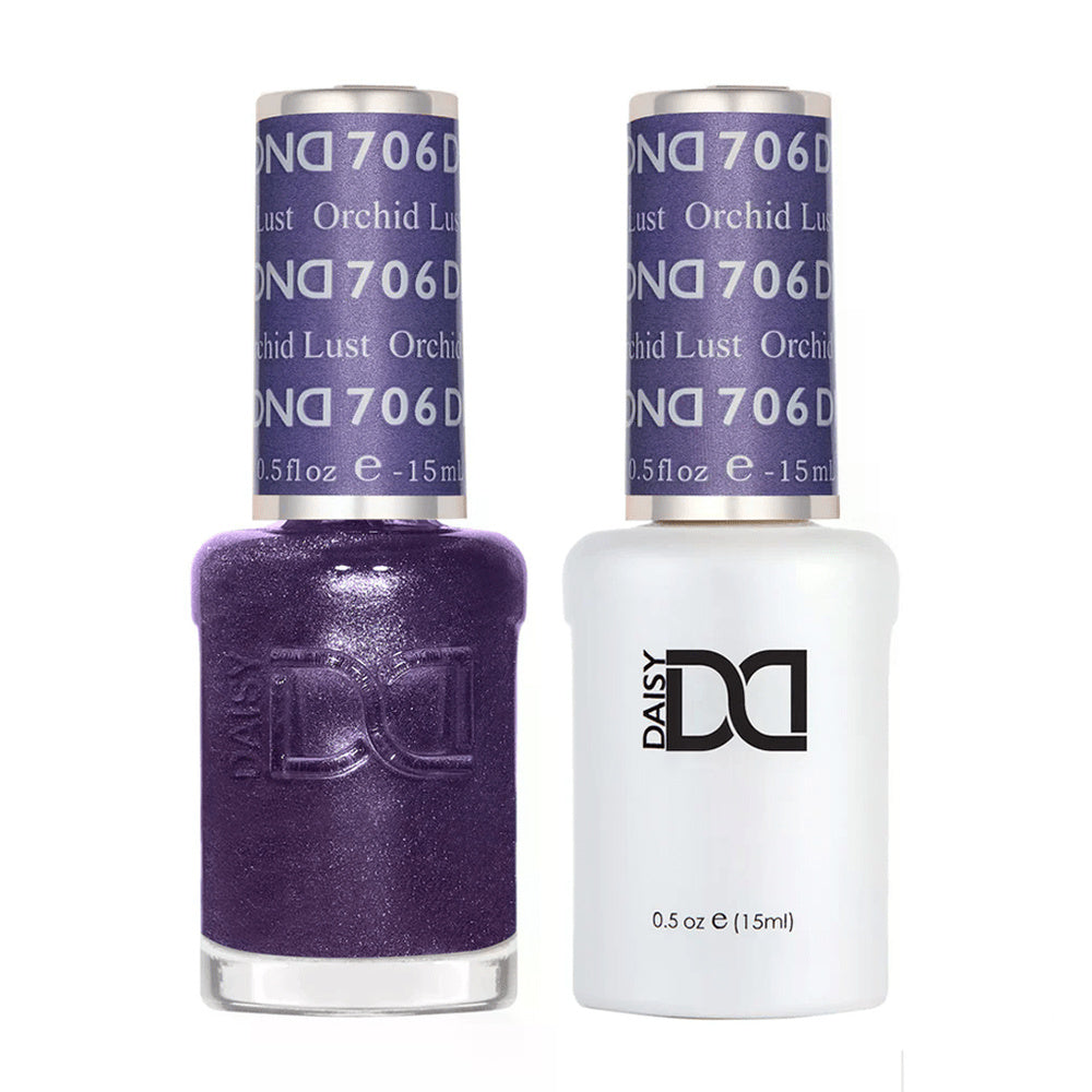 DND Duo 706 Orchid Lust, gel polish and matching nail lacquer bottles