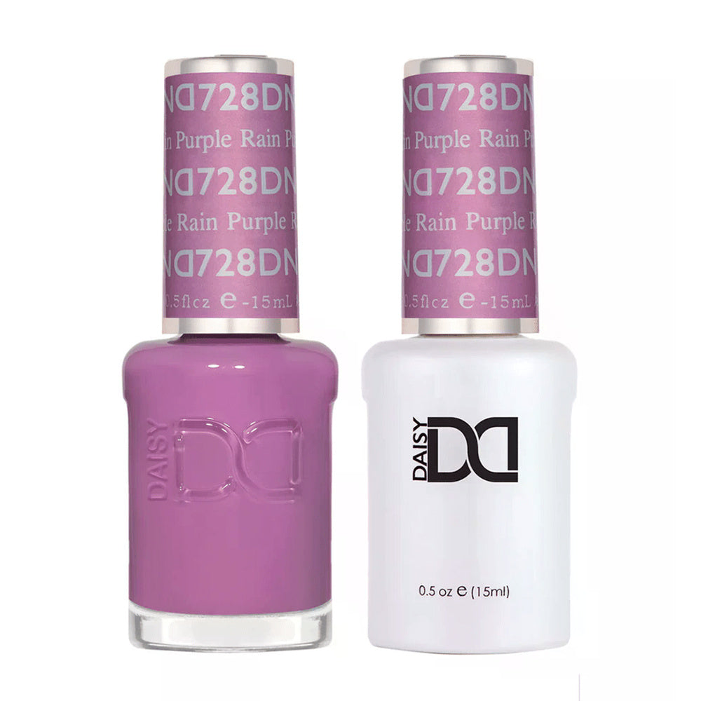 DND Duo 728 Purple Rain, gel polish and matching nail lacquer bottles
