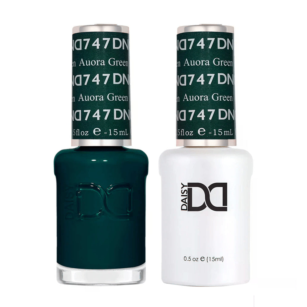 DND Duo 747 Aurora Green, gel polish and matching nail lacquer bottles