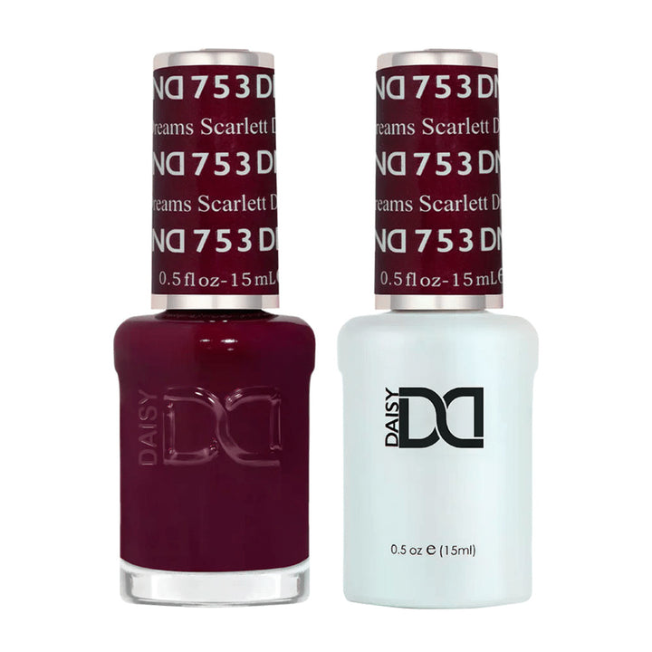 DND Duo 753 Scarlett Dreams, gel polish and matching nail lacquer bottles