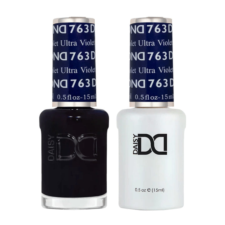 DND Duo 763 Midnight Sapphire, gel polish and matching nail lacquer bottles