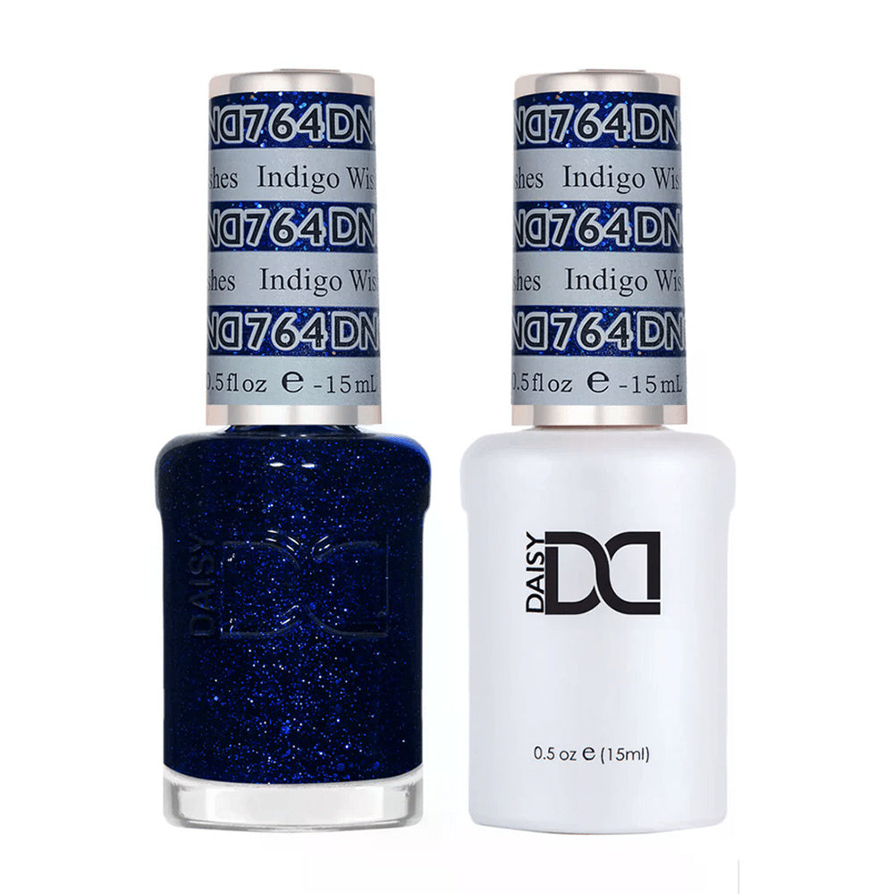 DND Duo 764 Indigo Wishes, gel polish and matching nail lacquer bottles