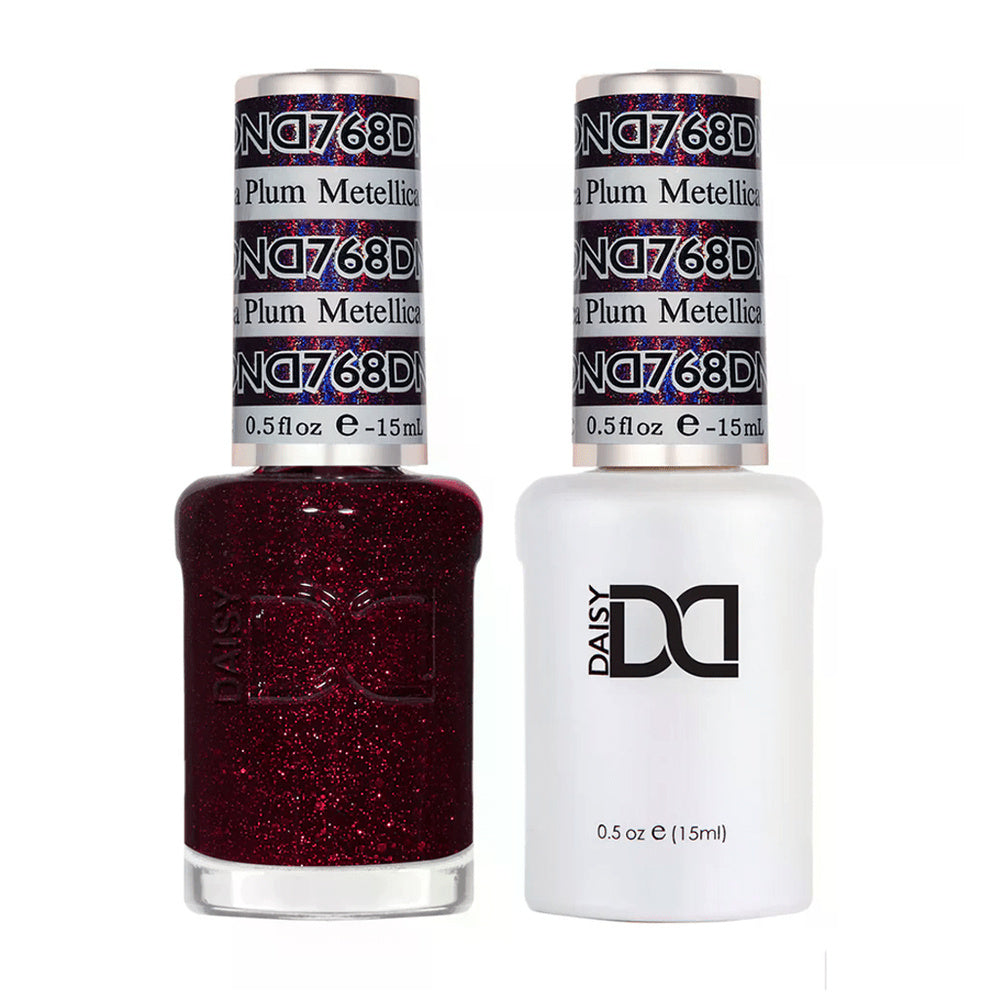 DND Duo 768 Metallica Plum, gel polish and matching nail lacquer bottles