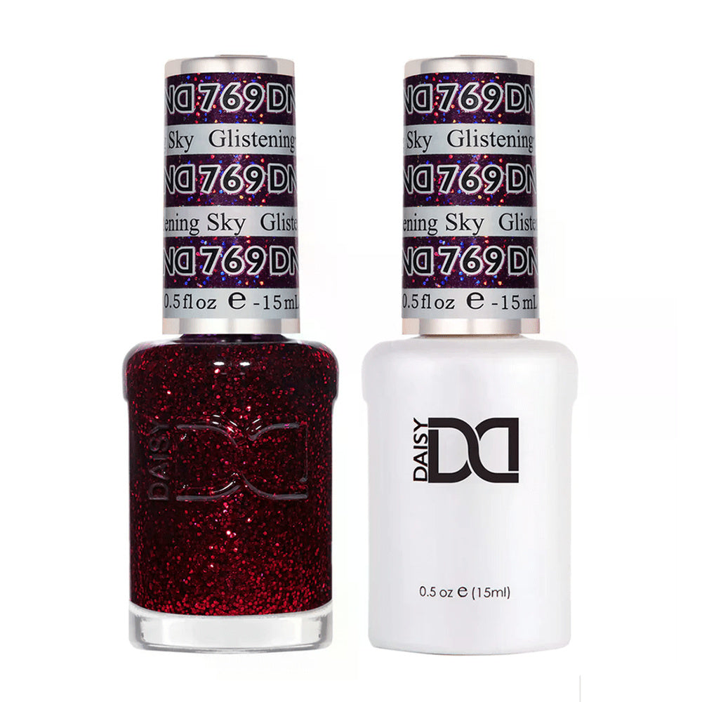 DND Duo 769 Glistening Sky, gel polish and matching nail lacquer bottles