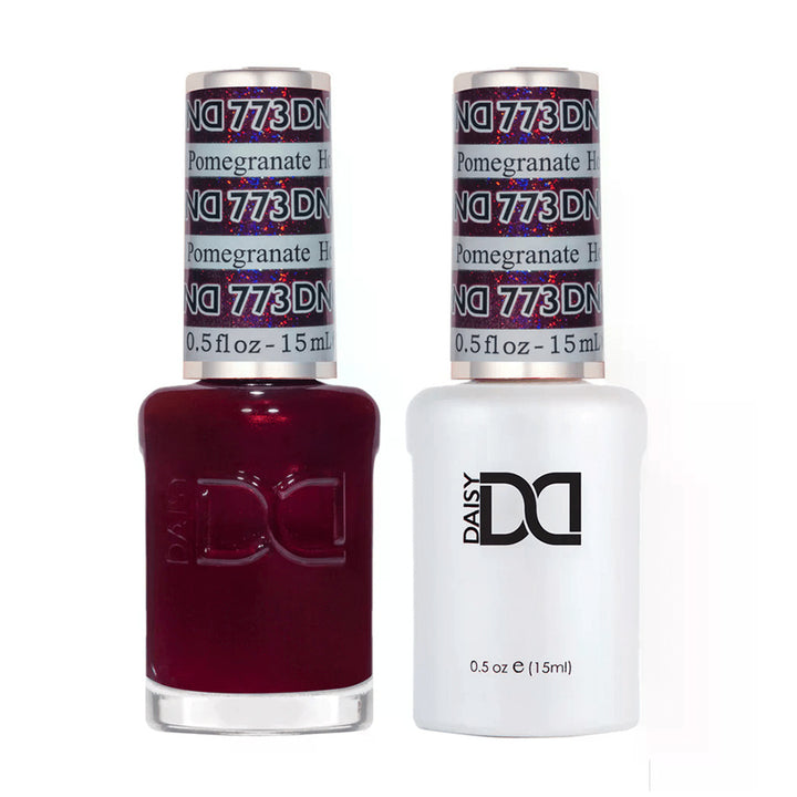 DND Duo 773 Holiday Pomegranate, gel polish and matching nail lacquer bottles