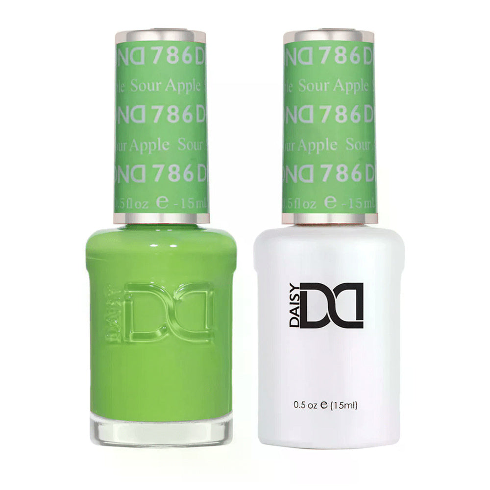DND Duo 786 Sour Apple, gel polish and matching nail lacquer bottles