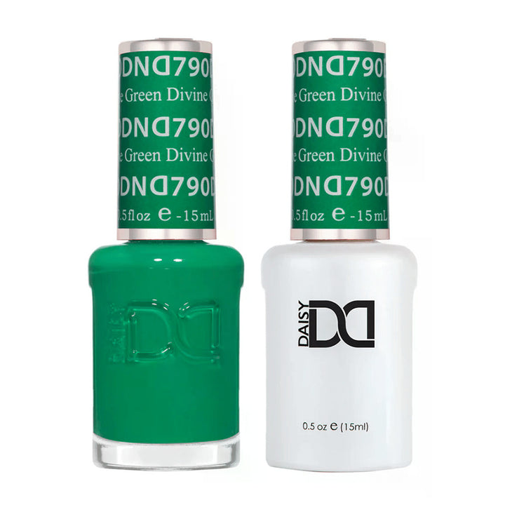 DND Duo 790 Divine Green, gel polish and matching nail lacquer bottles