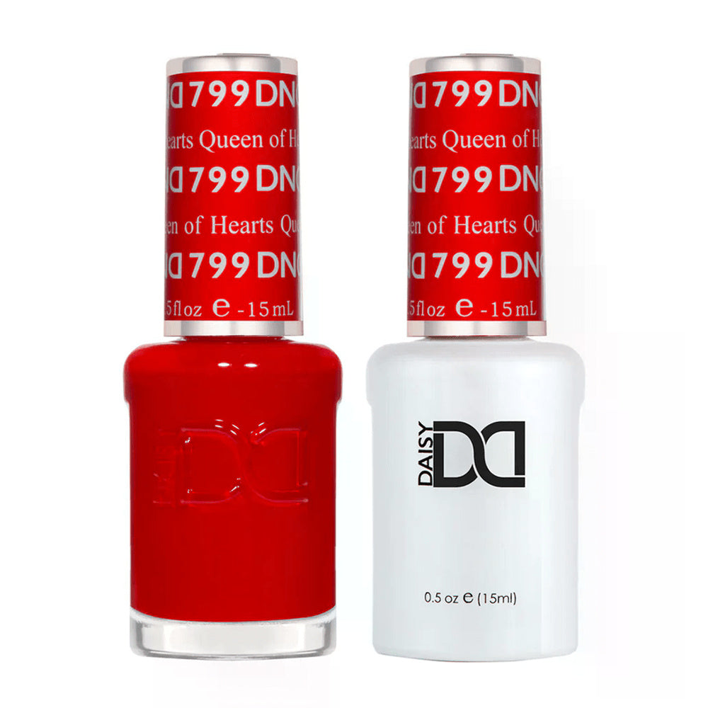 DND Duo 799 Queen of Hearts, gel polish and matching nail lacquer bottles