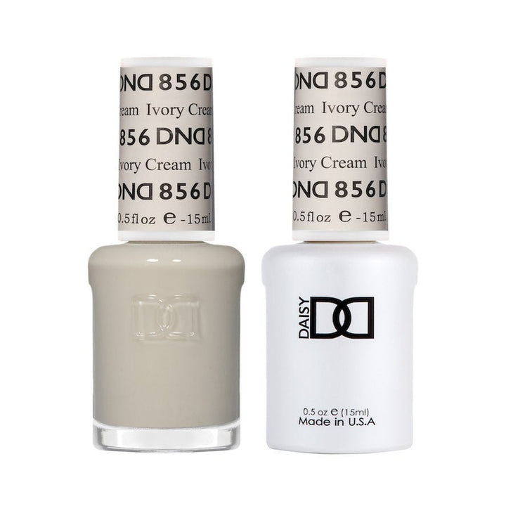 DND Duo 856 Ivory Cream, gel polish and matching nail lacquer bottles