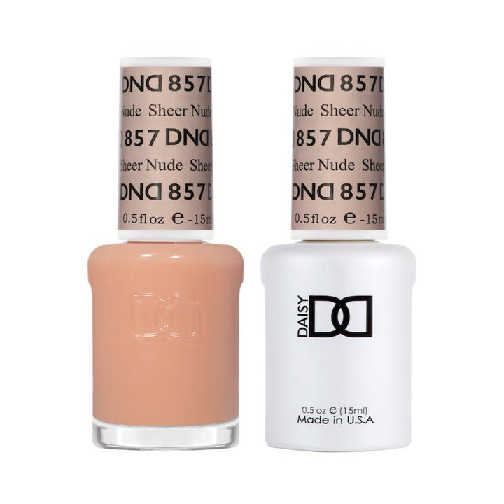 DND Duo 857 Sheer Nude, gel polish and matching nail lacquer bottles
