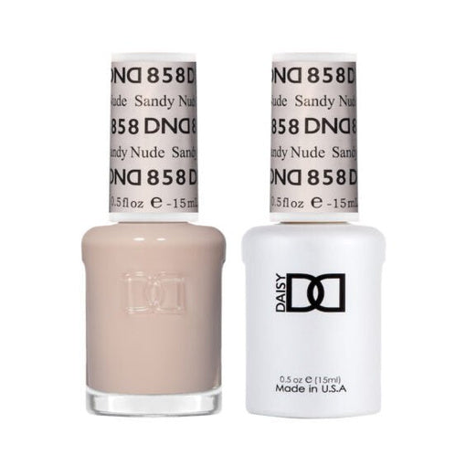DND Duo 858 Sandy Nude, gel polish and matching nail lacquer bottles