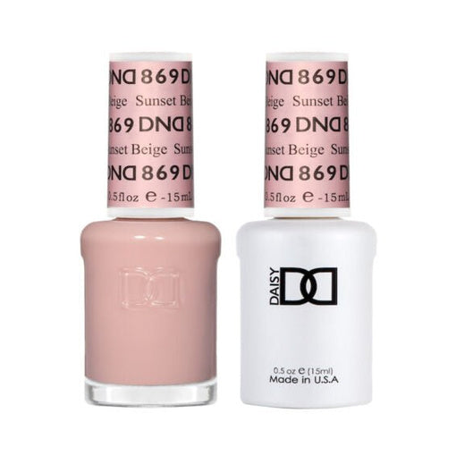 DND Duo 869 Sunset Beige, gel polish and matching nail lacquer bottles