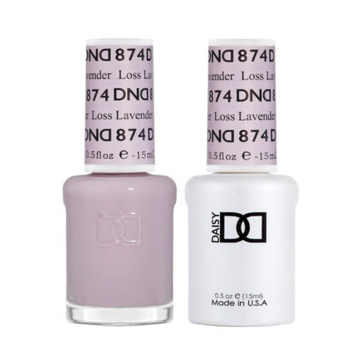 DND Duo 874 Loss Lavender, gel polish and matching nail lacquer bottles