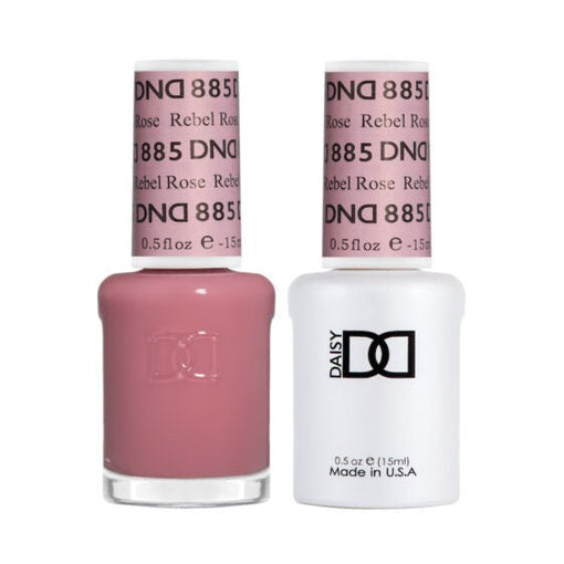 DND Duo 885 Rebel Rose, gel polish and matching nail lacquer bottles