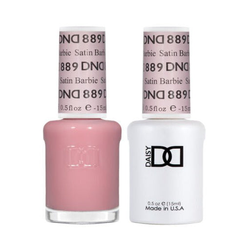 DND Duo 889 Satin Barbie, gel polish and matching nail lacquer bottles