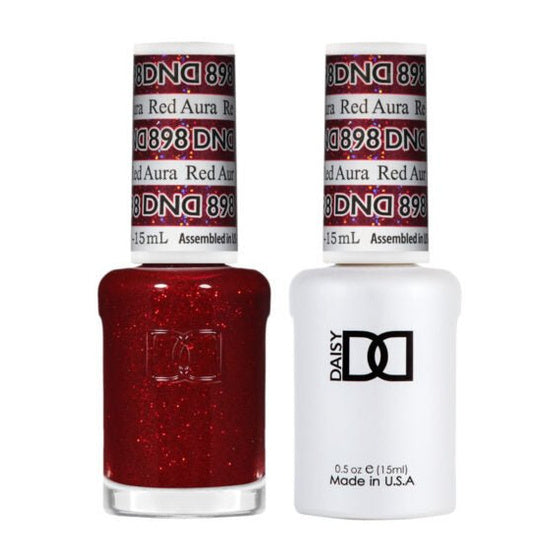 DND Duo 898 Red Aura, gel polish and matching nail lacquer bottles