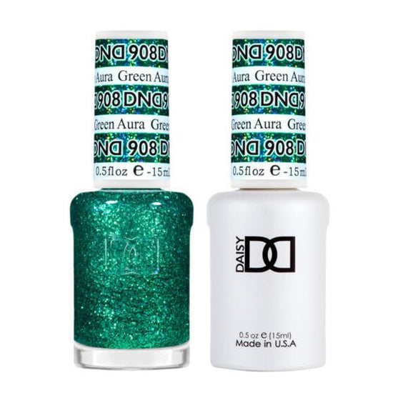 DND Duo 908 Green Aura, gel polish and matching nail lacquer bottles