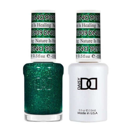 DND Duo 909 Nature Is Healing, gel polish and matching nail lacquer bottles