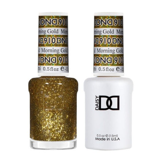 DND Duo 910 Morning Gold, gel polish and matching nail lacquer bottles