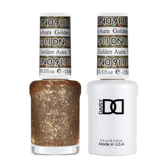DND Duo 911 Golden Aura, gel polish and matching nail lacquer bottles