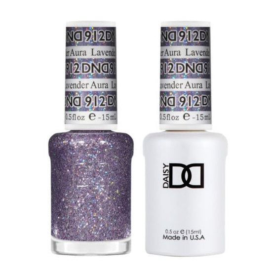 DND Duo 912 Lavender Aura, gel polish and matching nail lacquer bottles