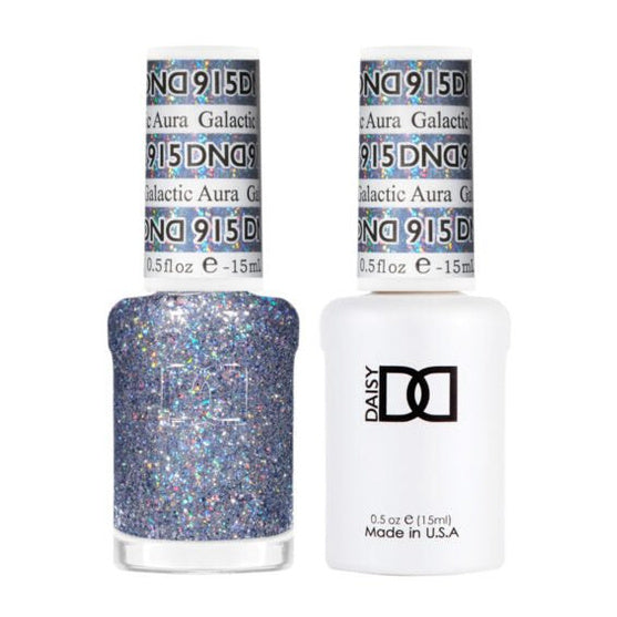 DND Duo 915 Galactic Aura, gel polish and matching nail lacquer bottles