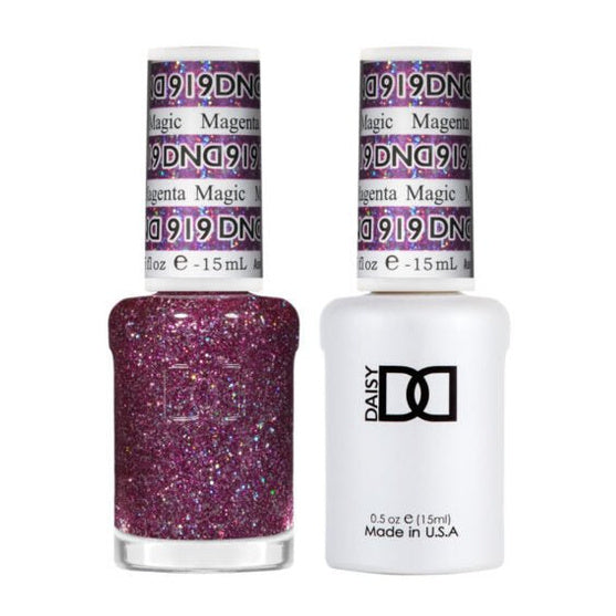 DND Duo 919 Magenta Magic, gel polish and matching nail lacquer bottles