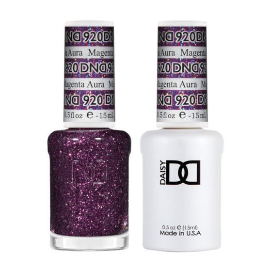 DND Duo 920 Magenta Aura, gel polish and matching nail lacquer bottles