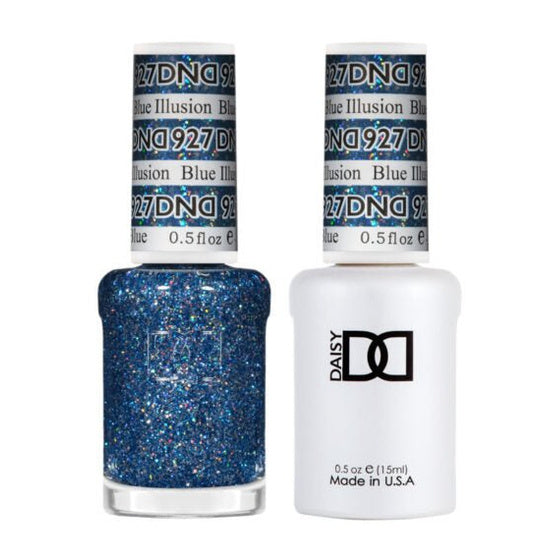 DND Duo 927 Blue Illusion, gel polish and matching nail lacquer bottles