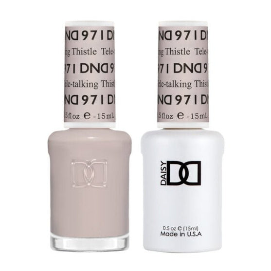 DND Duo 971 Tele-talking Thistle, gel polish and matching nail lacquer bottles