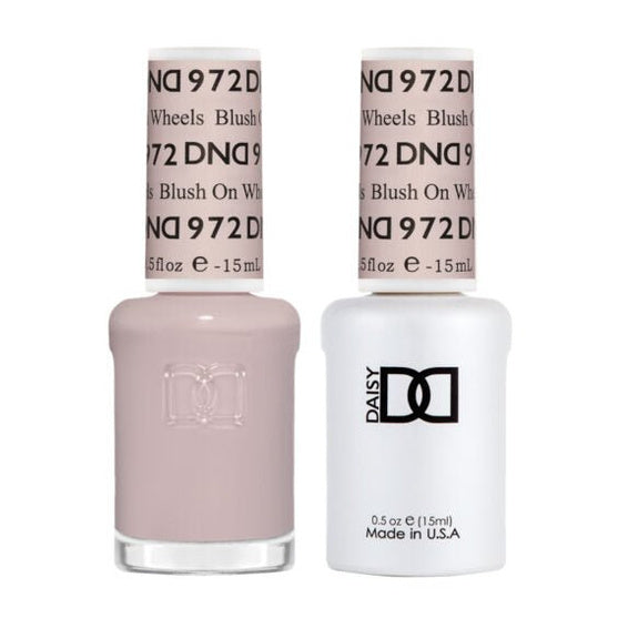 DND Duo 972 Blush On Wheels, gel polish and matching nail lacquer bottles