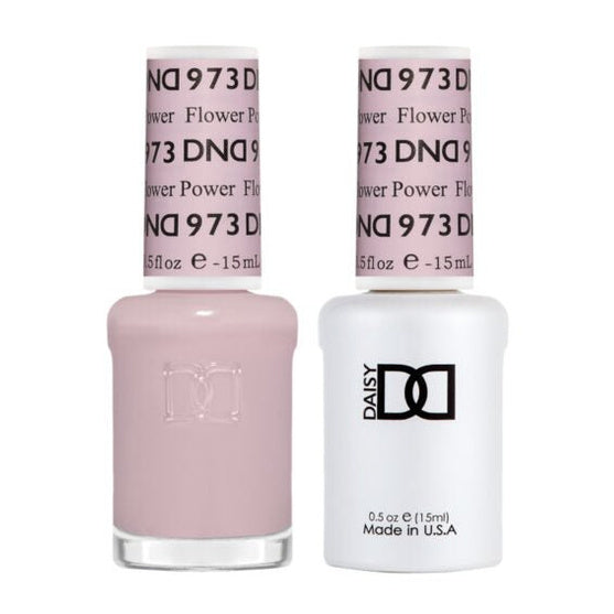 DND Duo 973 Flower Power, gel polish and matching nail lacquer bottles