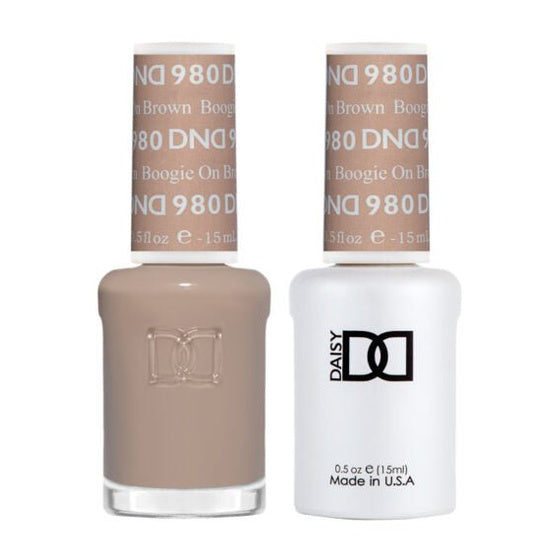 DND Duo 980 Boogie on Brown, gel polish and matching nail lacquer bottles