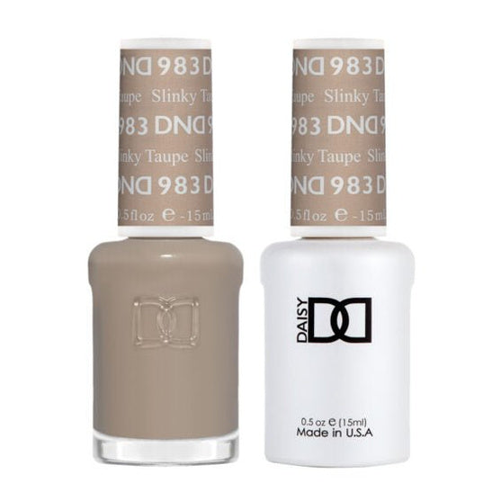 DND Duo 983 Slinky Taupe, gel polish and matching nail lacquer bottles